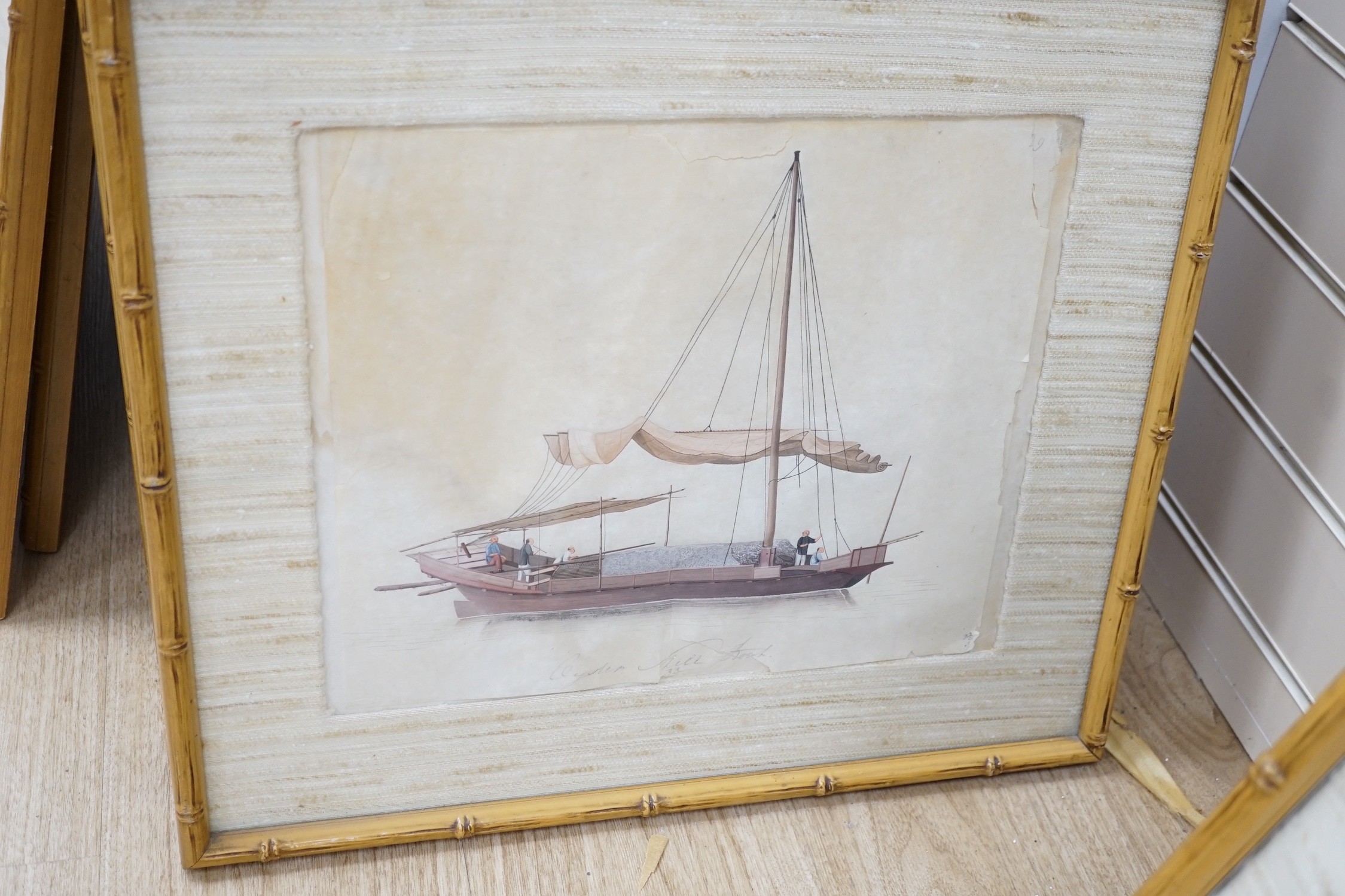 19th century Chinese School, nine gouaches on pith paper, Studies of water-going vessels, inscribed in Chinese and titled in English, giving the names and uses of the various vessels, 29 x 34cm